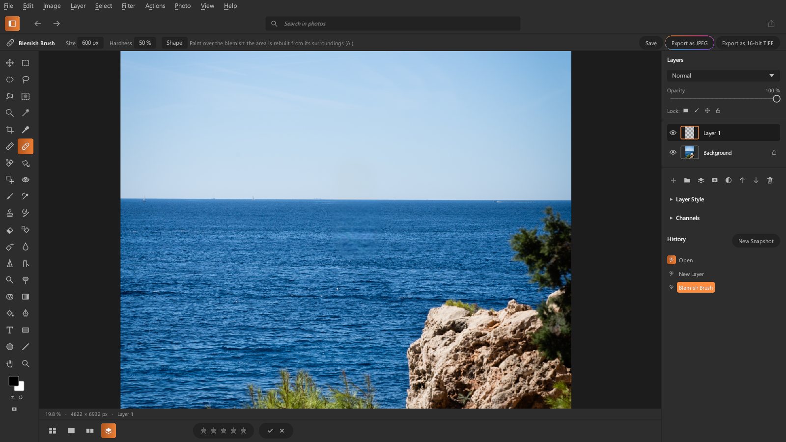 Blemish Brush: the sailboat removed, the sea rebuilt