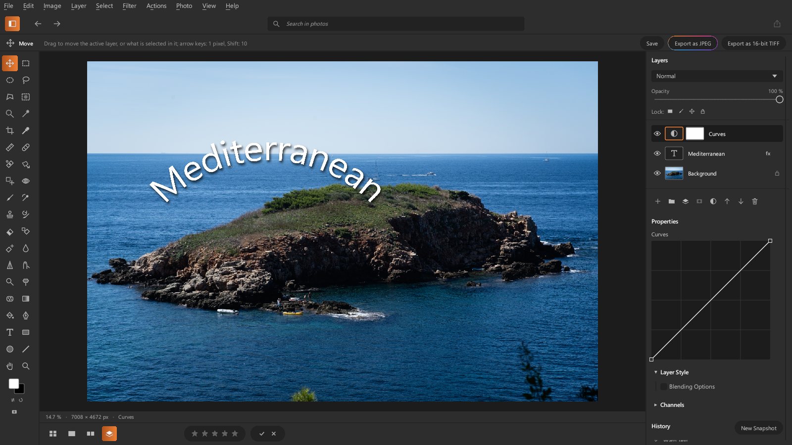 The Retouch screen: an arched title and an adjustment layer over the developed photo